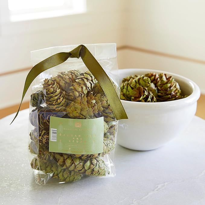 Hillhouse Naturals Balsam Fir & Cedar 8oz Potpourri Green Pine Cones. Fresh Green Notes, snowkissed Balsam fir and Crisp Cedar Waft a Breath of Winter air into Your Home. Made in The USA.