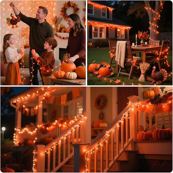 66Ft 200LED Orange Christmas Lights Plug in,Connectable Christmas Tree Lights,8 Modes String Lights Indoor Outdoor for Halloween Tree Party Bedroom Garden Decor (Clear Wire)