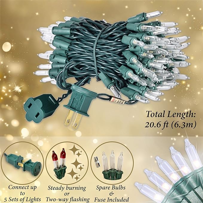 Holiday Essence Clear Christmas Lights Green Wire, 100 Incandescent Mini String Lights Set for Indoor Outdoor Holiday Lighting Decoration, Christmas Tree Lights, Static Flashing UL Certified