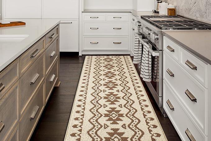 Custom Length Cut to Size Tribal Ethnic Southwestern Inspired Hallway Runner Rug, Non Slip Rubber Backed, 31 inch Wide X Customized Length, Aztec Beige, 31 inch X 18 feet