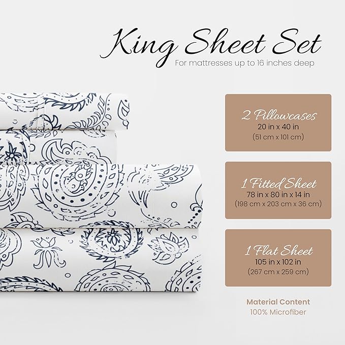 Linen Market 4 Piece King Sheet Set - Breathable, Double-Brushed Patterned Cooling Sheets – Oeko-TEX Certified Ultra Soft & Wrinkle-Free 16" Deep-Pocket King Sheets - Easy Care Coarse Paisley Navy