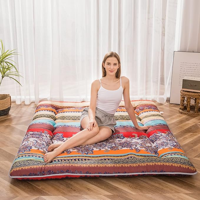 MAXYOYO Bohemian Retro Floor Mattress Vintage Floral Japanese Futon Mattress Roll Up Thicken Sleeping Bed Portable Camping Mattress Floor Lounger Couch Bed Pad, Twin Size