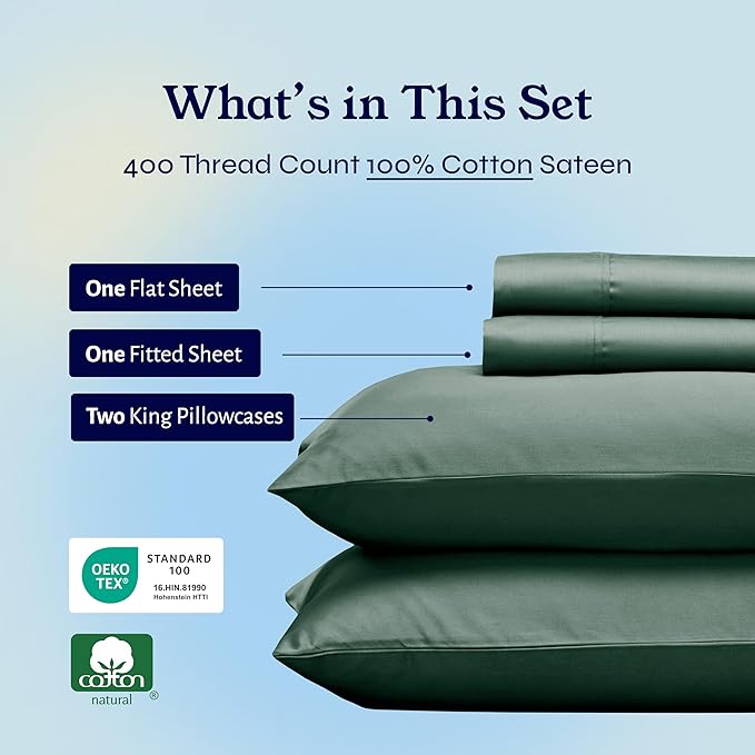 California Design Den Soft 400 Thread Count, Natural 100% Cotton Sheets Sateen, King Bed Sheets Set, Deep Pockets with All Around Elastic for a Snug Fit, Cool & Durable Bedding Set - Hunter Green