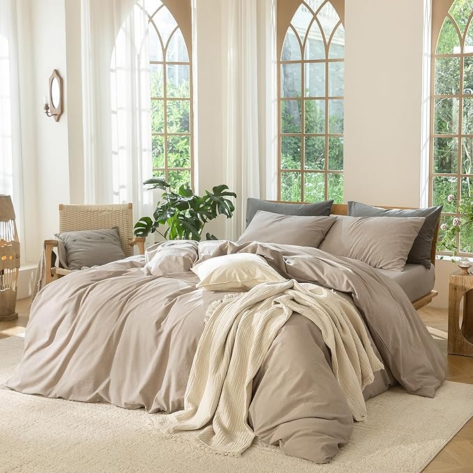MooMee Bedding Duvet Cover Set 100% Washed Cotton Linen Like Textured Breathable Durable Soft Comfy (Heathered Taupe, Queen 90"x90")