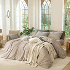 MooMee Bedding Duvet Cover Set 100% Washed Cotton Linen Like Textured Breathable Durable Soft Comfy (Heathered Taupe, Oversized Queen 98"x98")