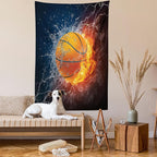 Ambesonne Sports Tapestry, Basketball Ball and Water Splashing Thunder Lightning Themed Design, Wall Hanging for Bedroom Living Room Dorm Decor, 60" X 80", Dark Blue and Burgundy