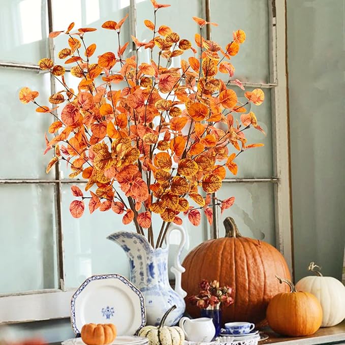 6pcs Artificial Fall Eucalyptus Leaves Stems 30" Faux Fall Leaf Fall Branches Autumn Decorations for Home Fall Floral Arrangements Farmhouse Table Centerpiece Decor