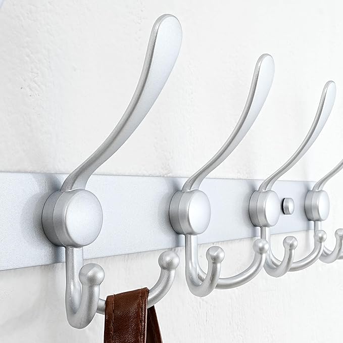 Dseap Coat Rack Wall Mount - 29.5” Long 8-Tri-Hooks Heavy Duty Coat Hanger Rail Wall Hooks for Hanging Coats Hats Clothing Clothes Purse Mudroom Entryway, Silver, Pack of 2