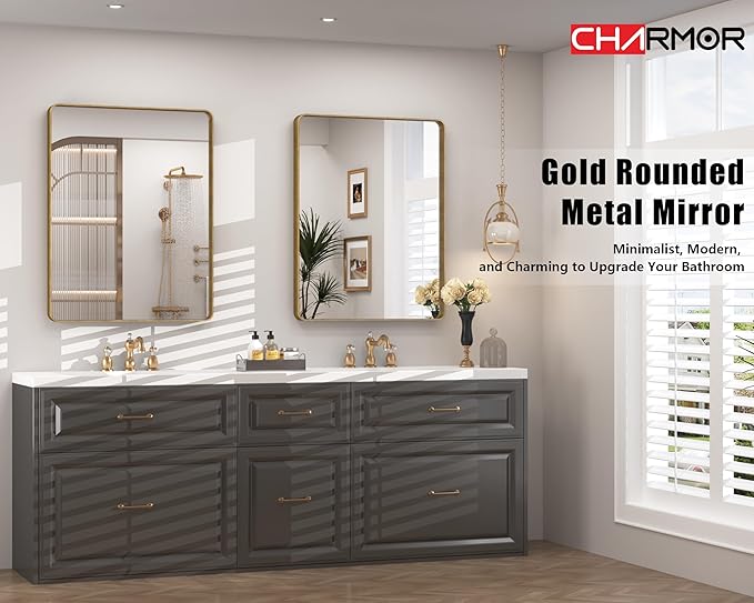 24x30 Gold Bathroom Mirror, Rounded Rectangle Gold Frame Mirror, Brushed Gold Brass Bathroom Vanity Mirror Wall-Mounted, Anti-Rust, Hangs Horizontally or Vertically