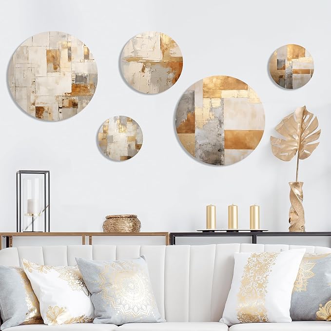 DesignQ Traditional Metal Wall Art Decor Set - Beige Metal Wall Art For Living Room - Serene Art Of Modern Scandinavian In Minimalism Set Of 5 round metal - 80" wide x 36" high - 5 metal wall Panels