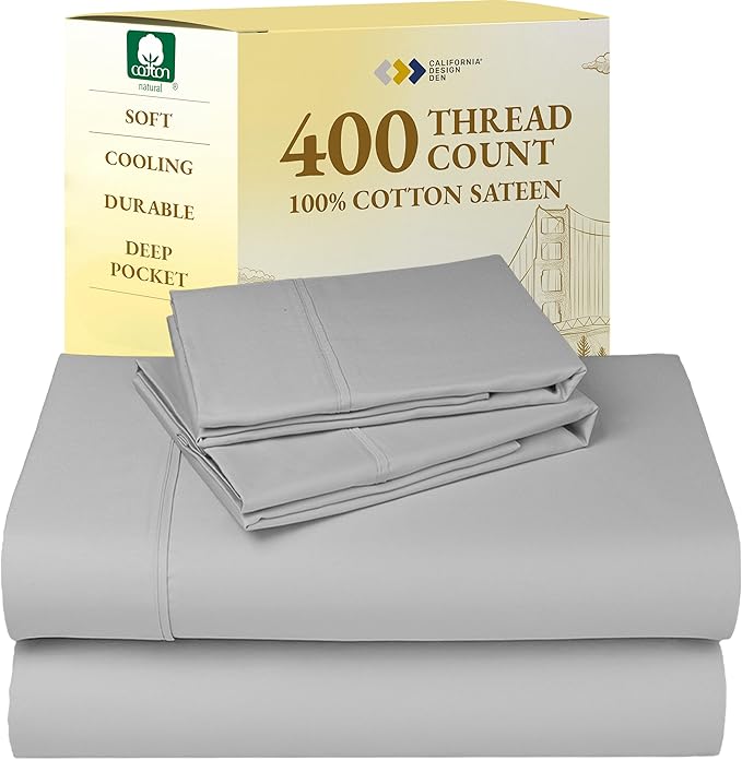 California Design Den King Bed Sheets Set - Soft 400 Thread Count Sateen, Natural 100% Cotton Sheets, Deep Pockets with All Around Elastic for a Snug Fit, Cool & Durable Bedding Set - Light Grey