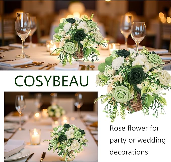 Artificial Fake Flowers 25pcs Roses, Shade of Light Green Foam Rose Faux Flower for DIY Wedding Bouquets Bridal Shower Centerpieces Floral Arrangements Party Tables Home Decorations