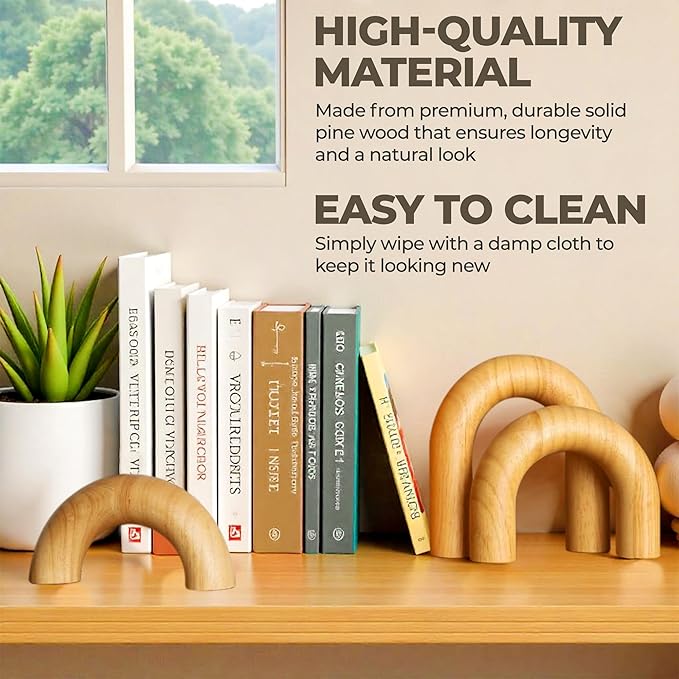 Leia's Store Decorative Wooden Arches & Tray Set – Neutral Coffee Table Decor, Rustic Bookshelf Styling, Boho Scandinavian Farmhouse Accents, Minimalist Aesthetic Wooden Sculptures (4 pcs)