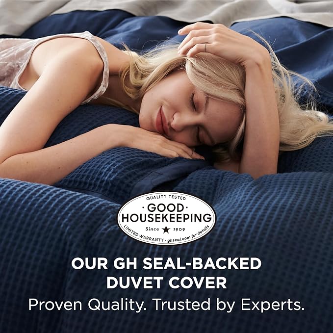 Bedsure Cotton Duvet Cover Queen - 100% Cotton Waffle Weave Navy Blue Duvet Cover Queen Size, GentleSoft™ and Breathable Bedding Set for All Season, 3 Pieces, 90"x90"