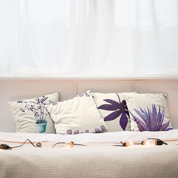 Ambesonne Botanical Throw Pillow Cushion Case Pack of 4, Minimalist Watercolor Painting Leaves Agave Branches Plant in a Pot, Modern Accent Double-Sided Digital Printing, 16", Quartz and Lavender