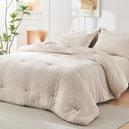 HYMOKEGE Beige Twin Comforter Set Seersucker 5 Pieces, All Season Luxury Bed in a Bag for Bedroom, Bedding Set with Comforters, Sheets, Pillowcase & Sham