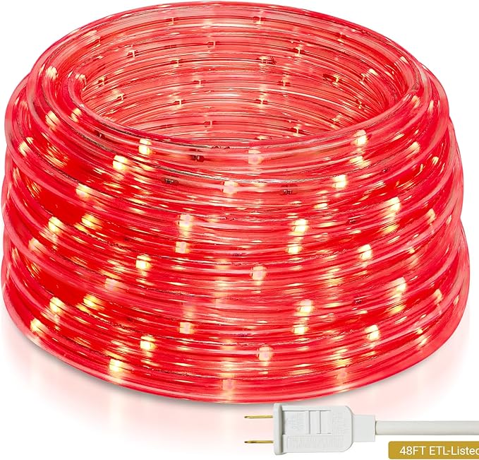 48ft Red LED Rope Lights Outdoor Waterproof - 324 LEDs Christmas Rope Lights, 120V ETL Certified, Connectable to 192ft, w/24 Mounting Clips & Screws for Holiday Decor