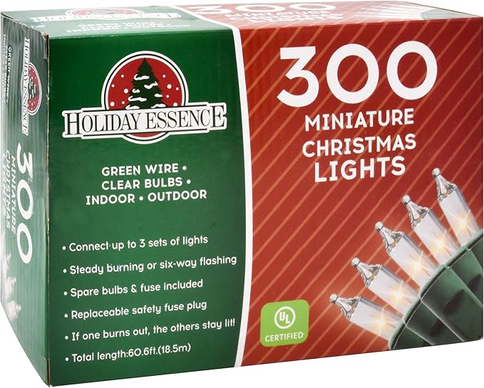 Holiday Essence 300 Mini Clear Lights, Christmas String Lights for Indoor and Outdoor Decorative Use, Green Wire, UL Listed