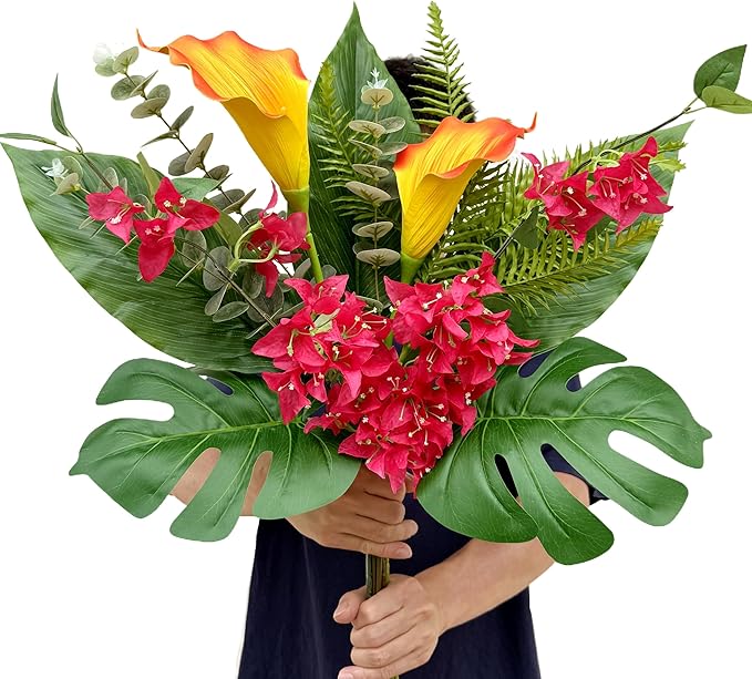 Artificial Tropical Bouquet Calla Lily Bougainvillea Flowers with Monstera Alocasia Fern Eucalyptus Greenery Stems for Home Office Hotel Table Vase Centerpieces Decor (Mixed Tropical Color)