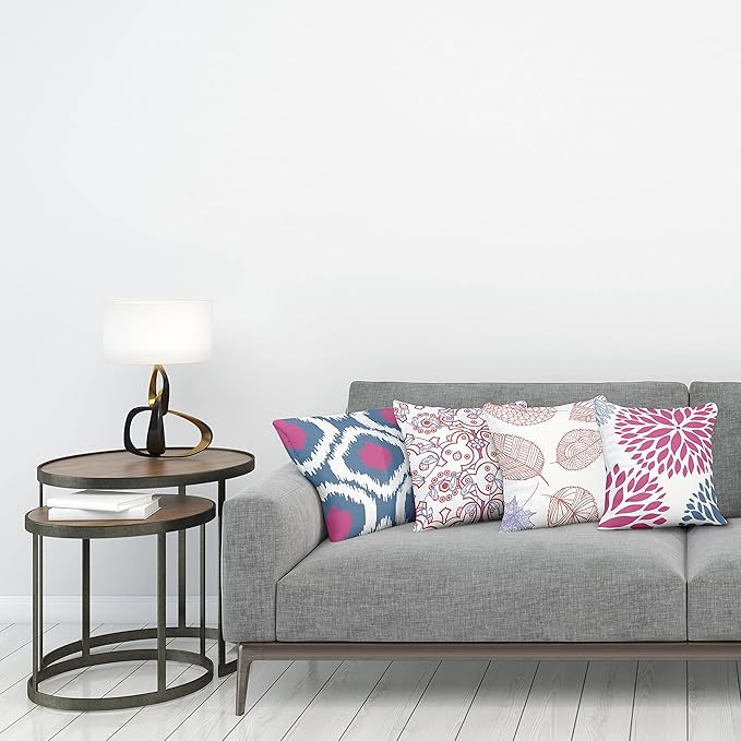Ambesonne Vintage Throw Pillow Cushion Case Pack of 4, Bohemian Ornamental Leaves Dahlia Pattern Geometric Art Curlicue Motif, Modern Accent Double-Sided Digital Printing, 24", Pink and Dark Sky Blue