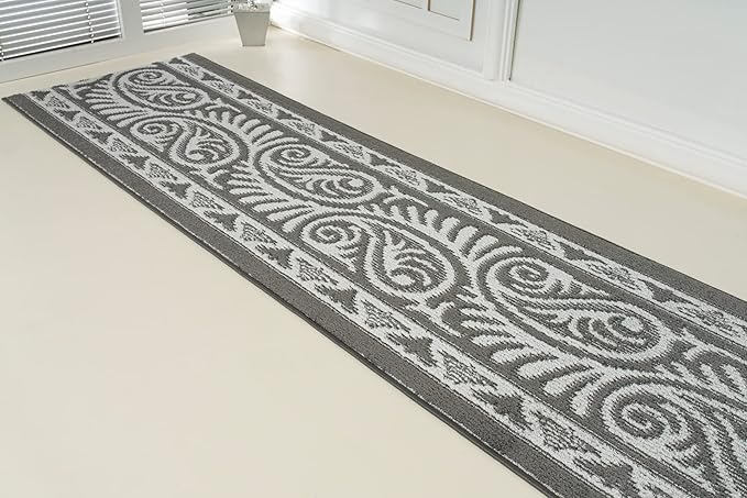 Custom Length Cut to Size Tribal Ethnic Southwestern Inspired Hallway Runner Rug, Non Slip Rubber Backed, 31 inch Wide X Customized Length, Mayan Grey, 31 inch X 10 feet
