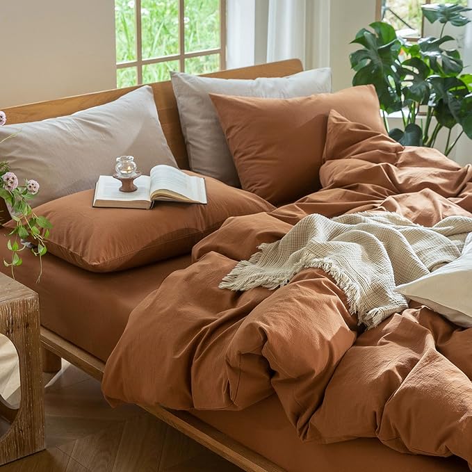 MooMee Bedding Duvet Cover Set 100% Washed Cotton Linen Like Textured Breathable Durable Soft Comfy (Solid Dark Orange, Full 80"x90")