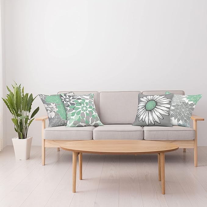 Ambesonne Floral Throw Pillow Cushion Case Pack of 4, Flower Petals Modern Color Palette Chamomile Peony Dahlia and Sunflower Print, Modern Accent Double-Sided Digital Printing, 24", Sea Green Grey