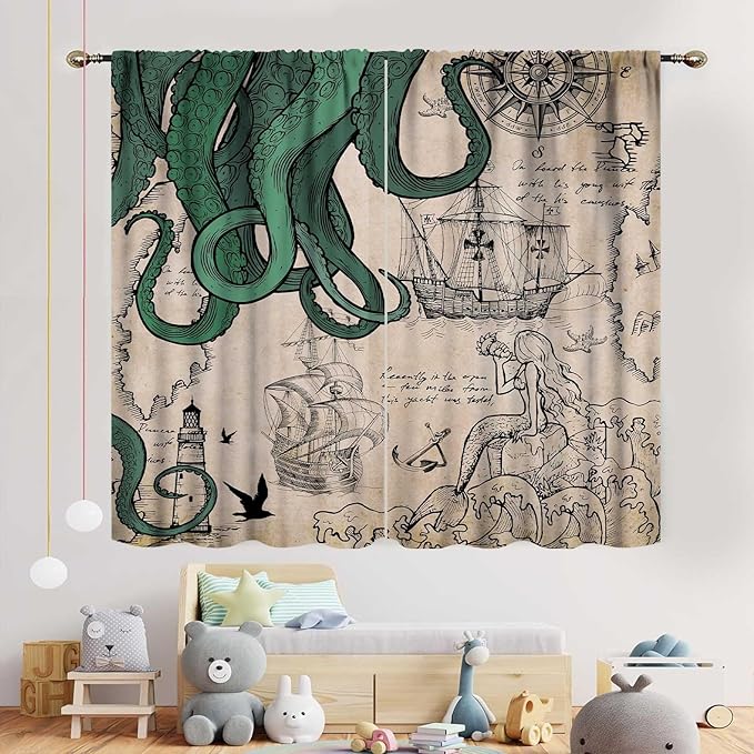 Nautical Octopus Curtains, Coastal Old Pirate Map Sailboat Compass Vintage Magic Ocean Kraken Octopus Tentacles Window Drapery Treatment for Bedroom Living Room Kitchen Bathroom 2 Panels, 52"x84" Inch
