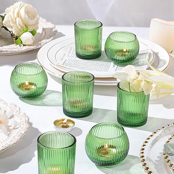 30pcs Assorted Ribbed Green Votive Candle Holders, Green Candle Holders for Wedding Centerpiece, Tea Light Candle Holder for Dinner Table Centerpiece, Home and Party Decorations