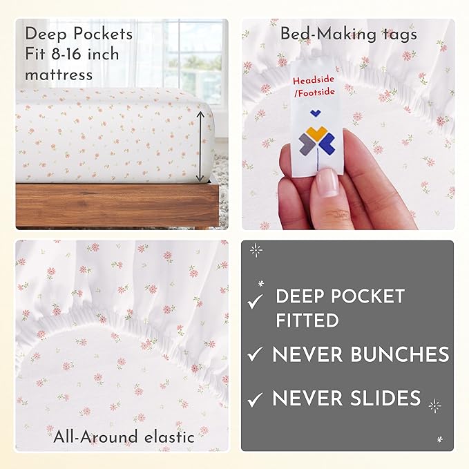 California Design Den Queen Sheet Set - 400 Thread Count Sateen, Natural 100% Cotton Sheets, Deep Pocket Cooling and Durable Bedding - Soft Floral