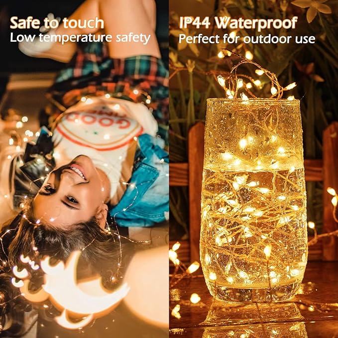 2Pack Firecracker Fairy Lights Plug in, 10Ft 200 LEDs Cluster String Lights, 8 Mode Lighting Copper Wire Lights for Bedroom Wreath Fireplace Wedding Indoor Christmas Tree Decorations, Warm White