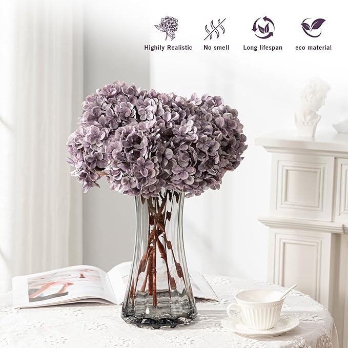 Artificial Flower Fake Silk Hydrangea Heads Bouquet With Stems Bulk for Fall Decoration Table Center Christmas Indoor Outdoor Faux Decorations Floral Realistic With Leaves Plants Craft(Grayish Purple)