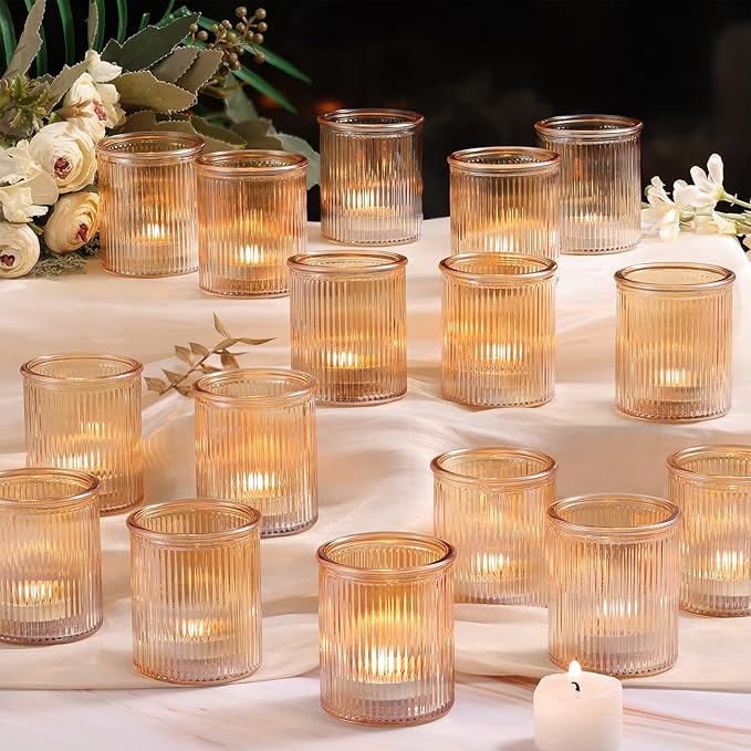 32pcs Ribbed Gold Votive Candle Holders for Wedding Table Decor, Tea Light Candle Holder Glass, Gold Candle Holders for Table Centerpiece, Diwali and Holiday Decorations