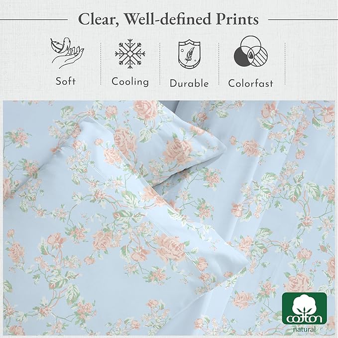 California Design Den Floral Pattern King Size Sheets Set - Luxury 400 Thread Count, Natural 100% Cotton Sateen, Deep Pocket King Sheets, Cooling and Durable Bedding Set - Antique Rose