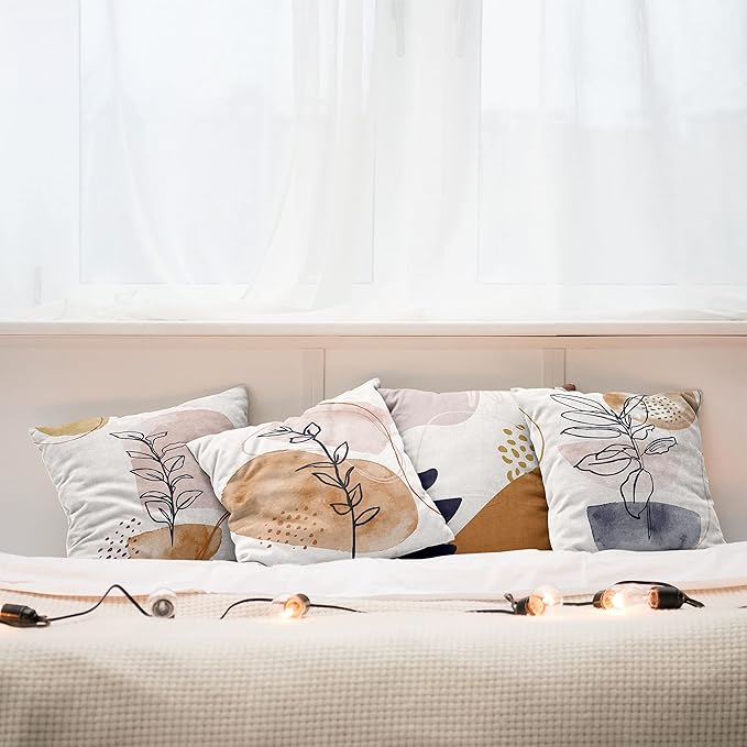 Ambesonne Minimal Throw Pillow Cushion Case Pack of 4, Modern Line Art Plants Leaves Branches with Abstract Watercolor Details, Modern Accent Double-Sided Digital Printing, 24", Rose Umber and Indigo