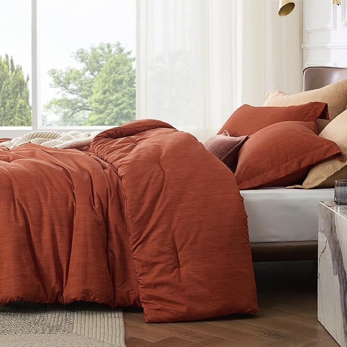 Bedsure Queen Comforter Set - Burnt Orange Soft Bedding for All Seasons, Cationic Dyed Bed Set, 3 Pieces, 1 Queen Size Comforter (90"x90") and 2 Pillow Shams (20"x26"+2")