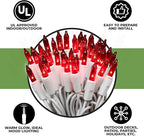 612 Vermont 100 Red Christmas Lights on a White Wire String, UL Approved, Indoor and Outdoor Use, 18’ of Lighted Length, 20’ of Total Length
