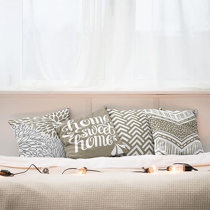 Ambesonne Geometric Throw Pillow Cushion Case Pack of 4, Home Phrase Minimal Zigzag Squama Dahlia Flowers Chevron Tribal, Modern Accent Double-Sided Digital Printing, 18", Cocoa White Charcoal Grey