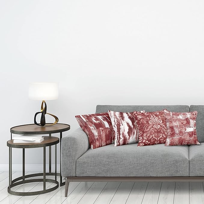 Ambesonne Vintage Throw Pillow Cushion Case Pack of 4, Abstract Grunge Effect Brushstrokes and Waving Striping Stains Paisley Drops, Modern Accent Double-Sided Digital Printing, 24", Maroon Rust White