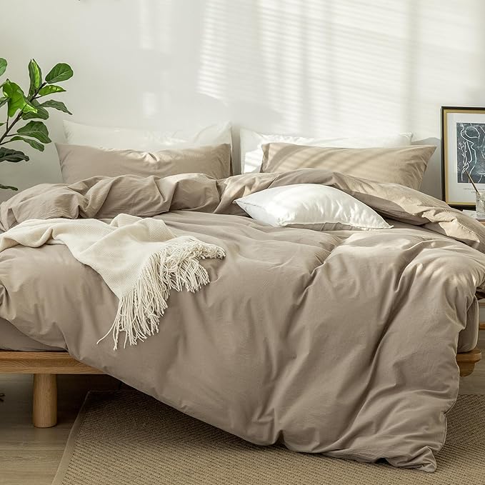 MooMee Bedding Duvet Cover Set 100% Washed Cotton Linen Like Textured Breathable Durable Soft Comfy (Solid Light Camel, Oversized Queen 98"x98")