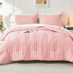 HYMOKEGE Pink/Ivory Twin Comforter Set Seersucker 5 Pieces, All Season Luxury Bed in a Bag for Bedroom, Bedding Set with Comforter, Sheets, Pillowcase & Sham