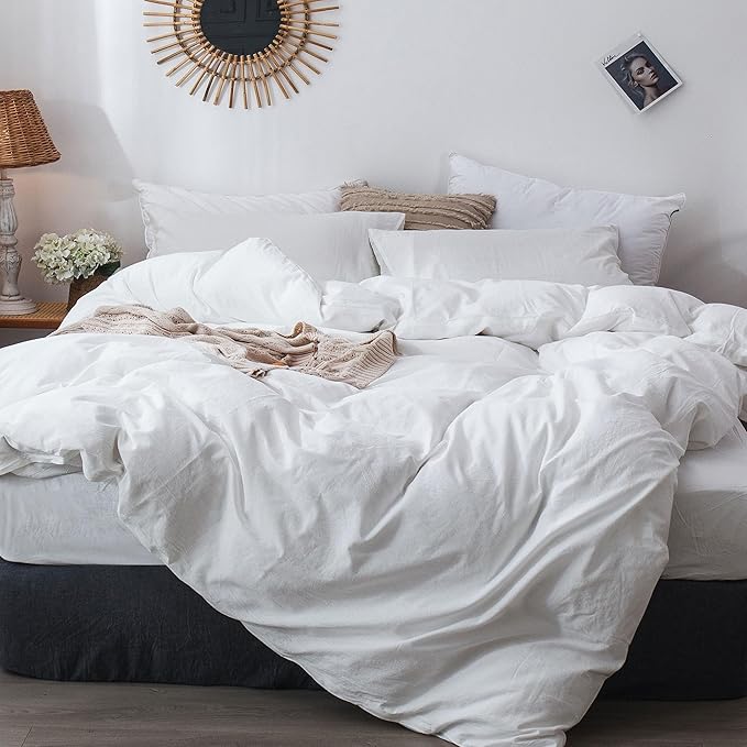 MooMee Bedding Duvet Cover Set 100% Washed Cotton Linen Like Textured Breathable Durable Soft Comfy (Solid Off White, Oversized King Plus 128"x120")