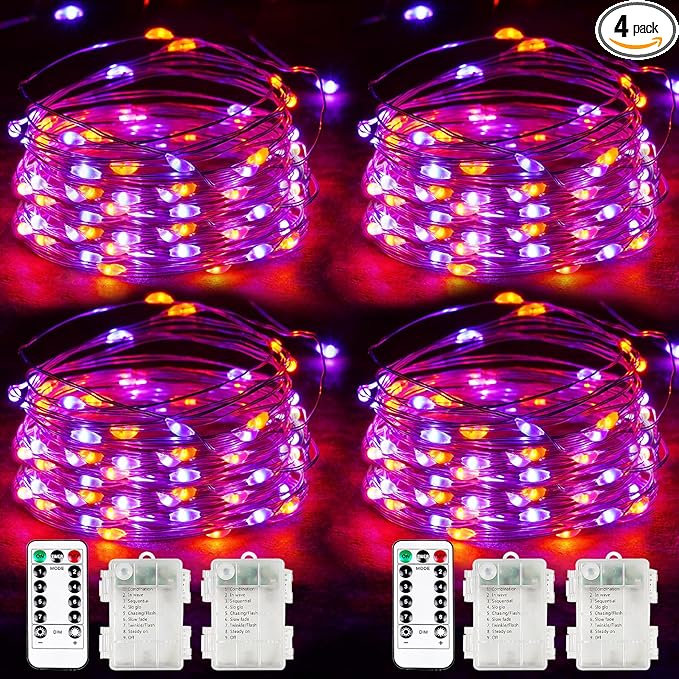 4-Pack 33FT 100 LED Fairy Lights Battery Operated with Remote & Timer, Fairy Halloween String Lights, Waterproof 8 Modes Twinkle Lights for Room Decor (Purple and Orange)