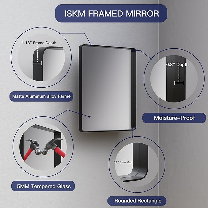 ISKM Black Framed Mirror for Wall 84"x 32", Large Bathroom Mirror Anti-Rust, Tempered Glass, Rounded Rectangle Mirror(Horizontal/Vertical)