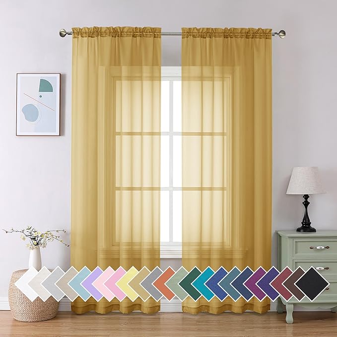 Aiyufeng Gold Sheer Curtain 84 Inches Long 2 Panels Set, Light Filtering Gold Window Curtain Drapes Treatment for Kitchen, Bedroom,Children Room, Dual Rod Pocket, 2 Pack of 42 x 84"