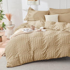 HYMOKEGE Khaki California King Comforter Set Seersucker 7 Pieces, All Season Luxury Bed in a Bag for Bedroom, Bedding Set with Comforter, Sheets, Pillowcases & Shams