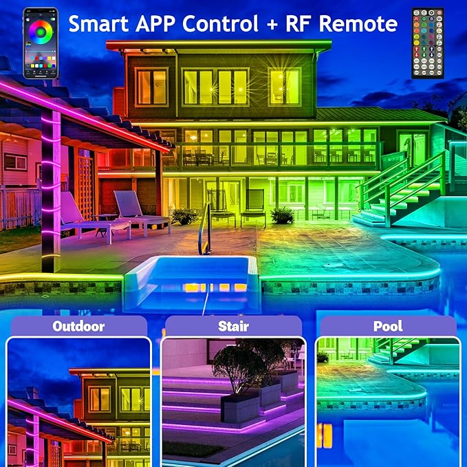 AILBTON 100ft Outdoor LED Strip Lights Waterproof,IP68 Outside Led Light Strips Waterproof with Bluetooth App Remote Control,Music Sync RGB Exterior Led Rope Lights,for Balcony,Deck,Roof,Garden,Pool