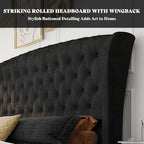 AMERLIFE California King Size Platform Bed Frame, Velvet Upholstered Sleigh Bed with Scroll Wingback Headboard & Footboard/Button Tufted/No Box Spring Required/Black