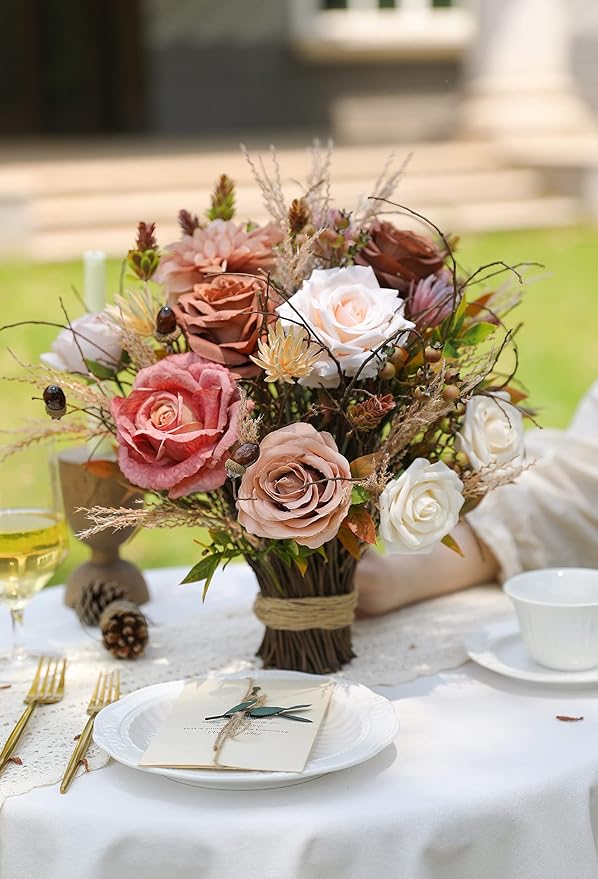 Artificial Flowers Combo Silk Mix Fake Flowers Leaf for DIY Wedding Bouquets Floral Centerpieces for Tables and Chairs Party Baby Shower Home Decorations(Coffee)
