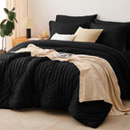 CozyLux King Size Comforter Set Black Seersucker 7 Pieces Bed in a Bag King Comforter Set with Sheets, Luxury Soft Bedding Set with Down Alternative Comforter, Sheets, Pillowcases & Shams All Seasons
